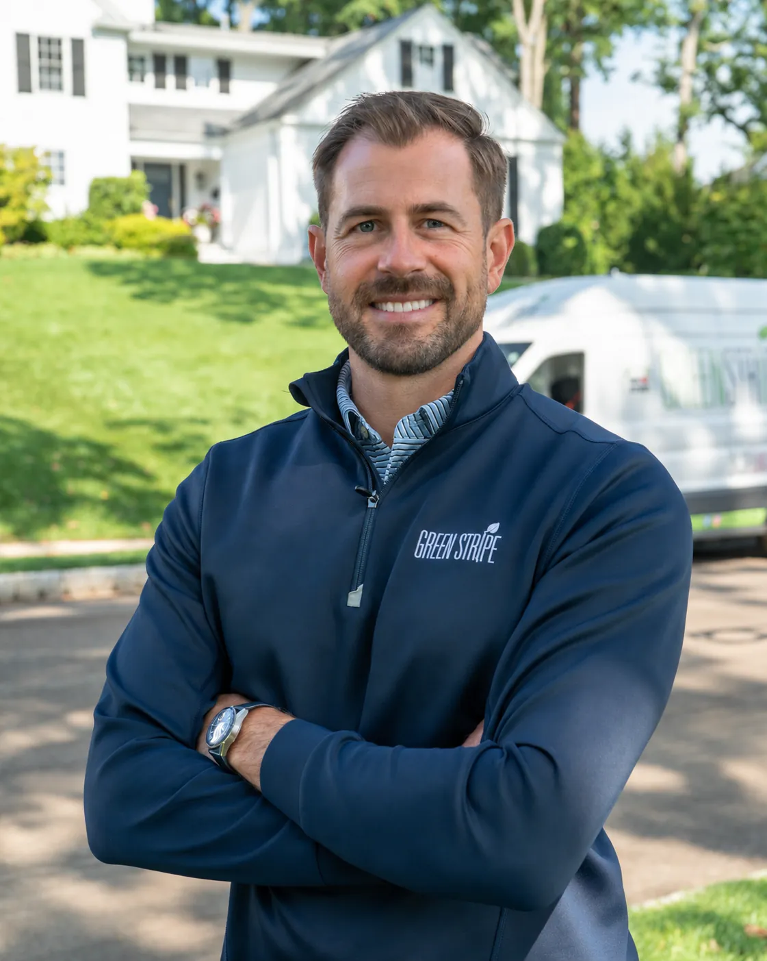 Mike Fabian, founder of GreenStripe, outside a Northern New Jersey home