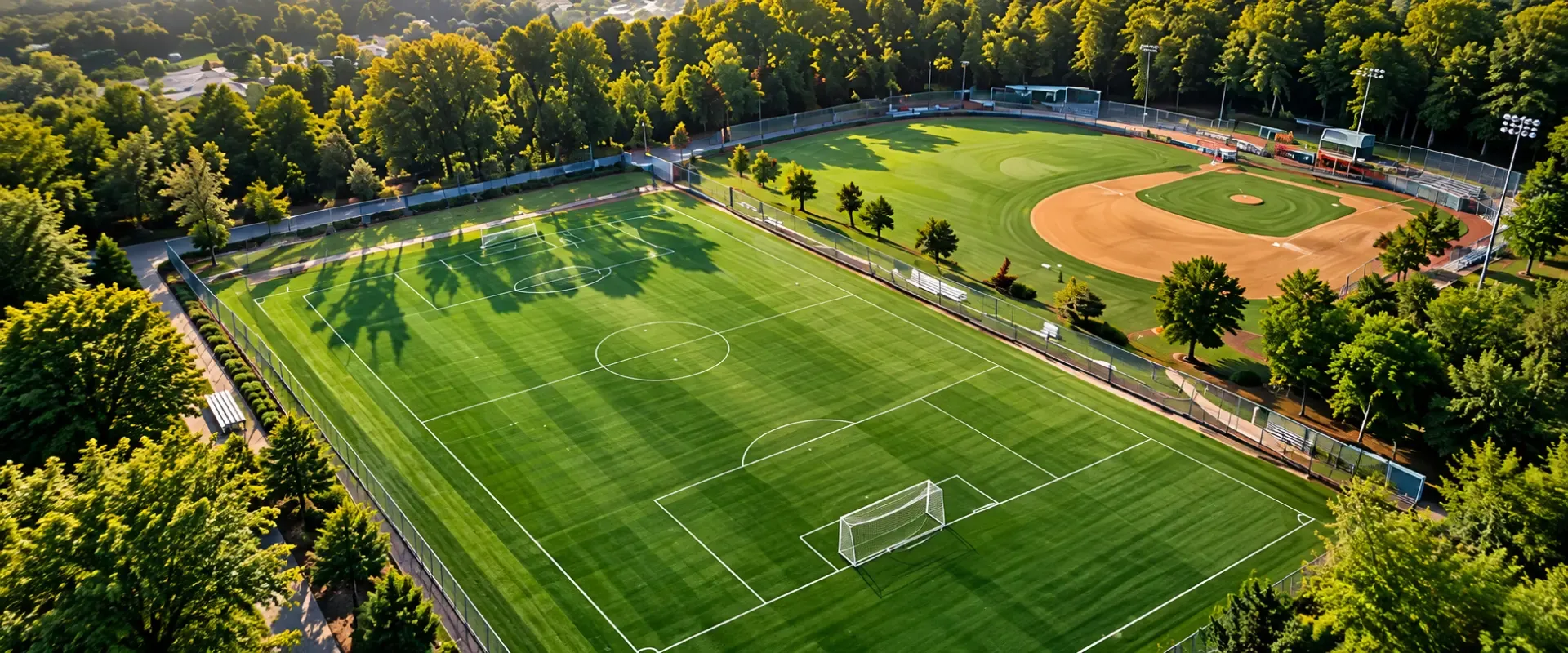 Aerial view of a striped natural-grass soccer field beside a baseball diamond, surrounded by trees at a Northern New Jersey athletic complex