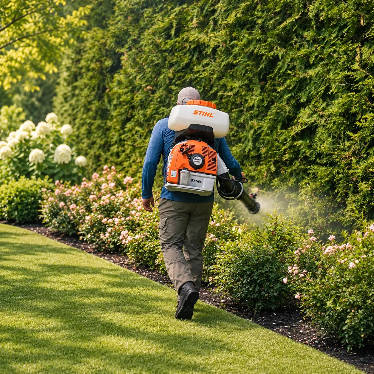 Technician mist-treating a shrub border along a manicured backyard lawn