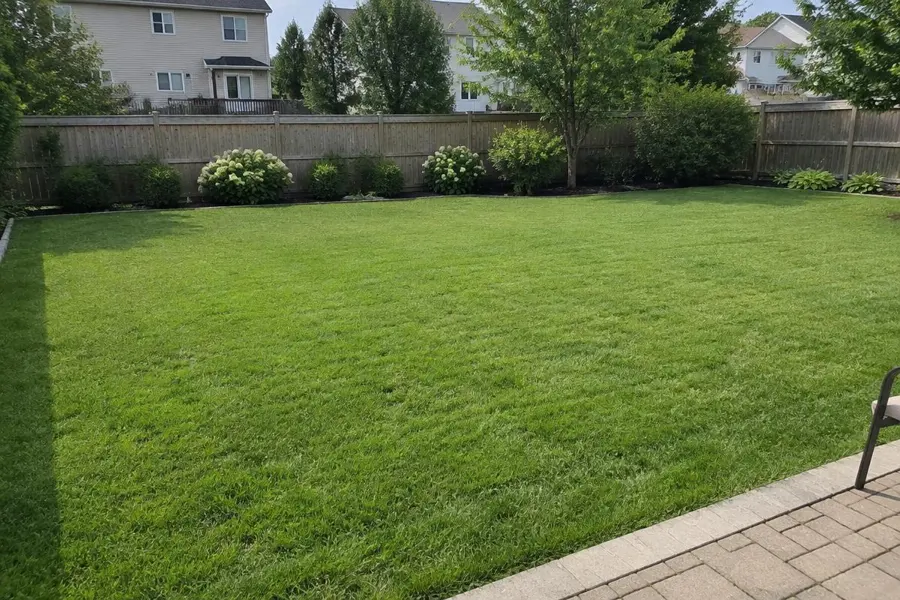 Level fenced backyard lawn beside a paver patio in Cranford, NJ