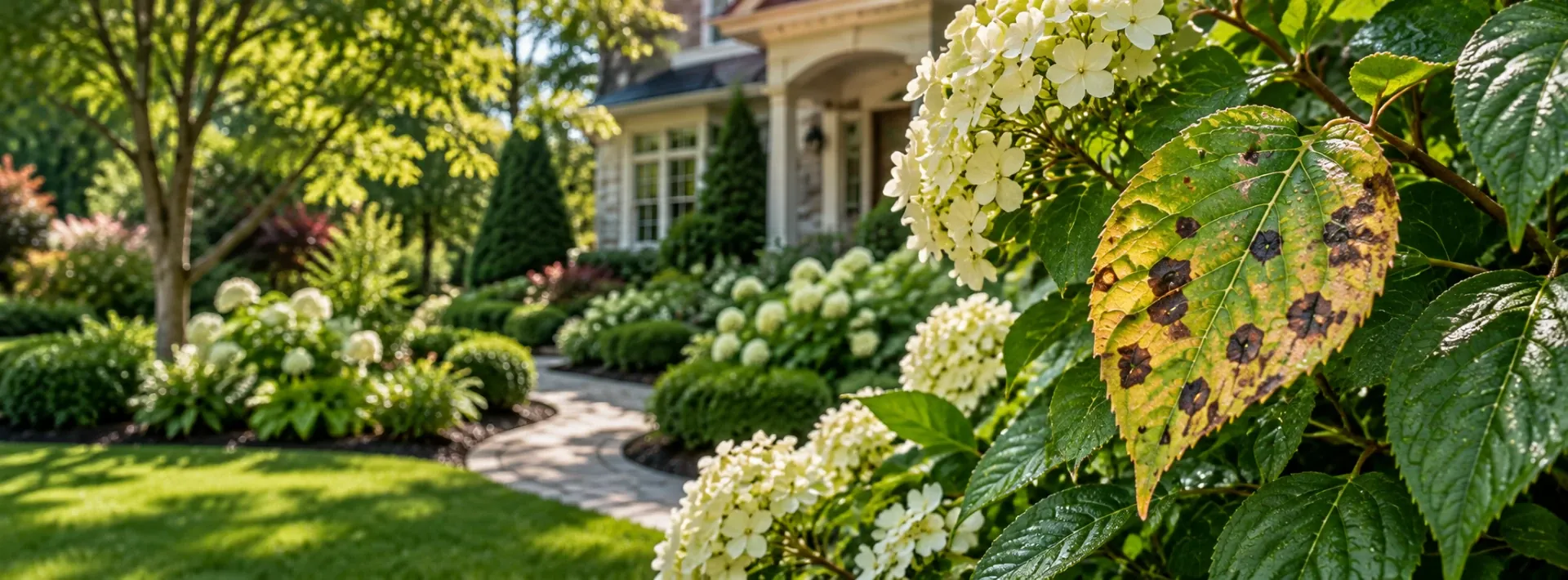 Hydrangea shrub with dark spotted leaves in front of a Northern New Jersey home