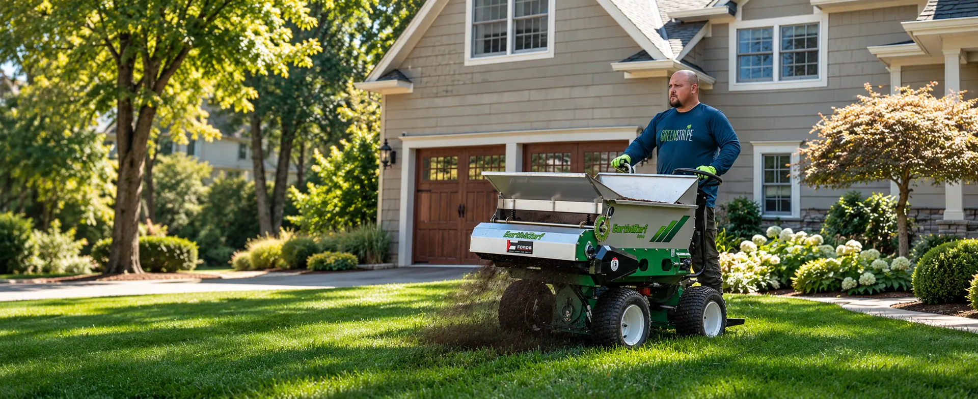 GreenStripe technician applying compost topdressing to a front lawn in New Jersey