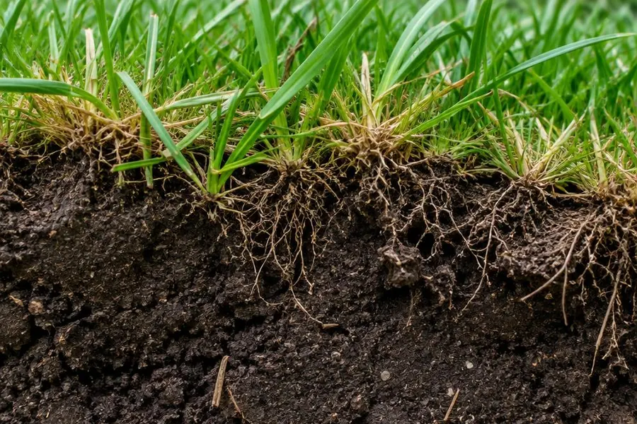 Cross-section of dark lawn soil with grass roots beneath healthy turf