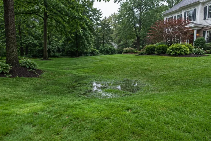 Low-lying section of a backyard lawn holding water after rain beside mature trees