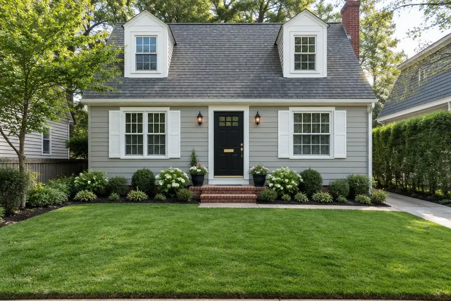 Cape Cod home with a compact, dense green front lawn and neat foundation plantings in Roselle Park, NJ