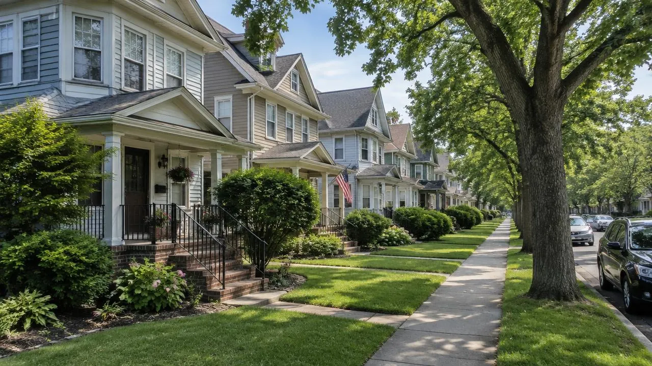 Tree-lined Roselle Park, NJ street with closely spaced older homes, small green front lawns and sidewalks
