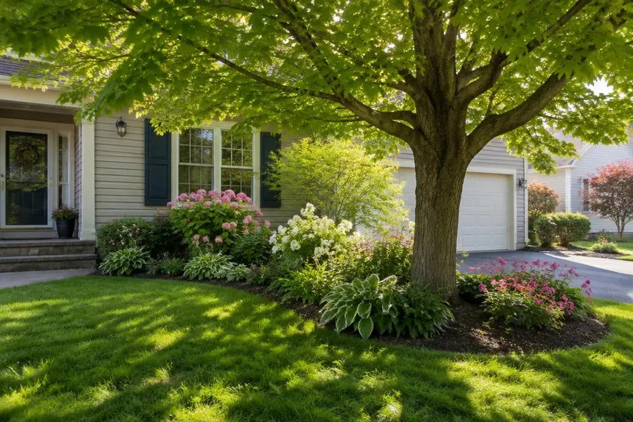 Small front lawn in part shade beneath a mature maple with a flowering landscape bed in Kenilworth, NJ