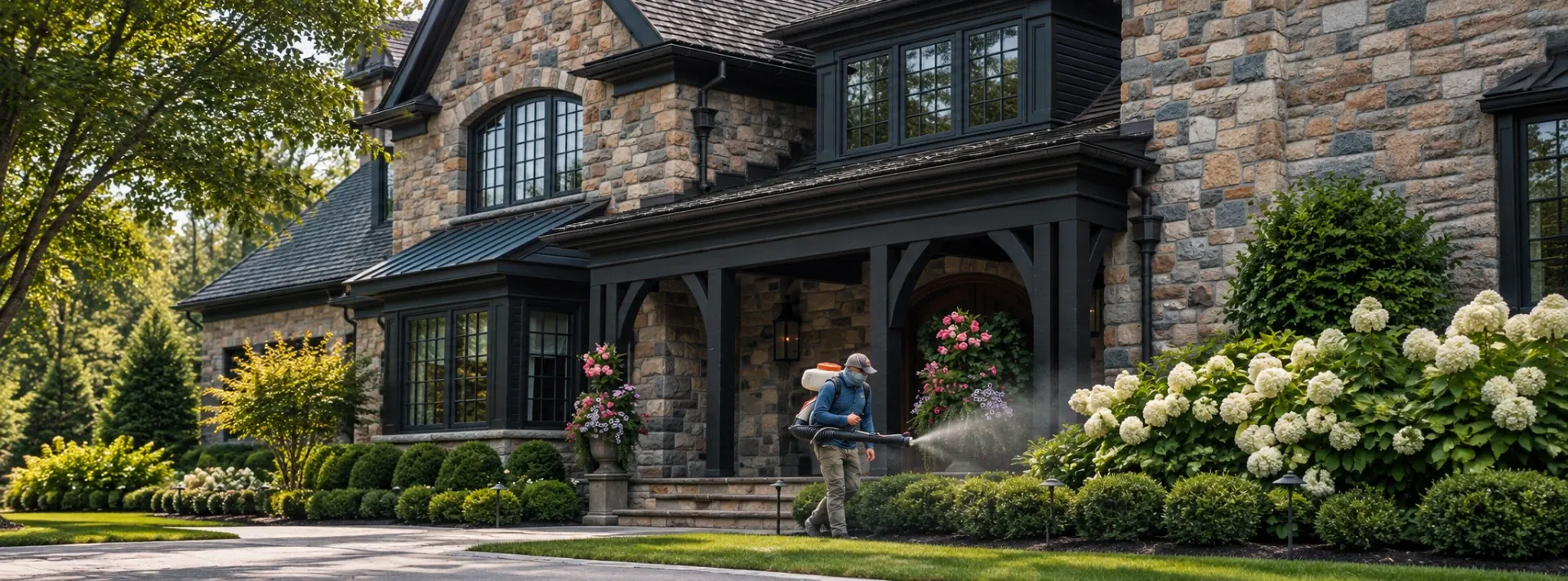 Technician mist-treating foundation shrubs at a stone home in Northern New Jersey