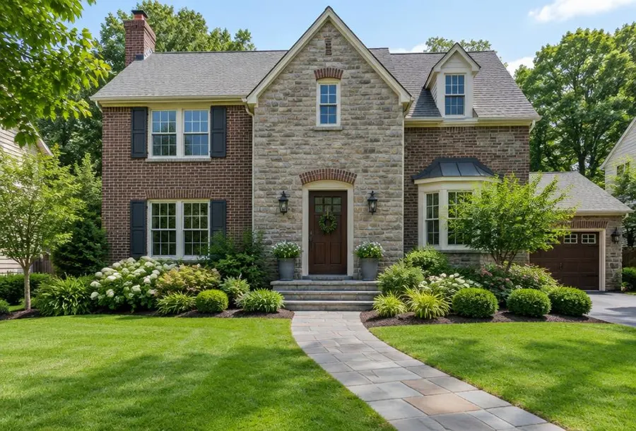 Renovated brick and stone home with new landscaping, a stone walkway and a fresh green lawn in Millburn, NJ