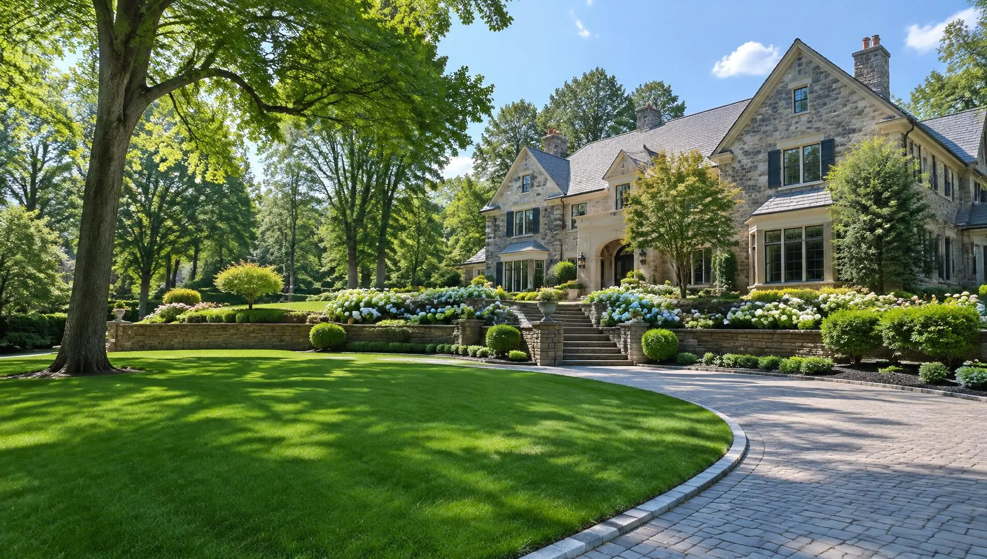 Stone estate home above tiered stone retaining walls with hydrangeas, a curved paver driveway and a thick green lawn in Short Hills, NJ