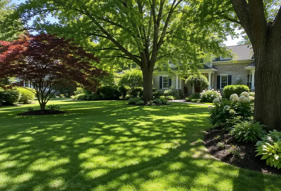 Lawn with dappled shade beneath a Japanese maple and large shade trees beside landscape beds in Millburn, NJ