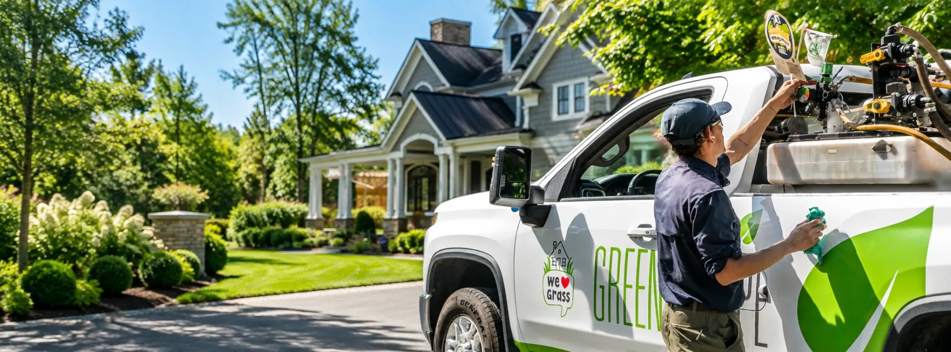 GreenStripe technician preparing equipment on a service truck outside a Northern New Jersey home
