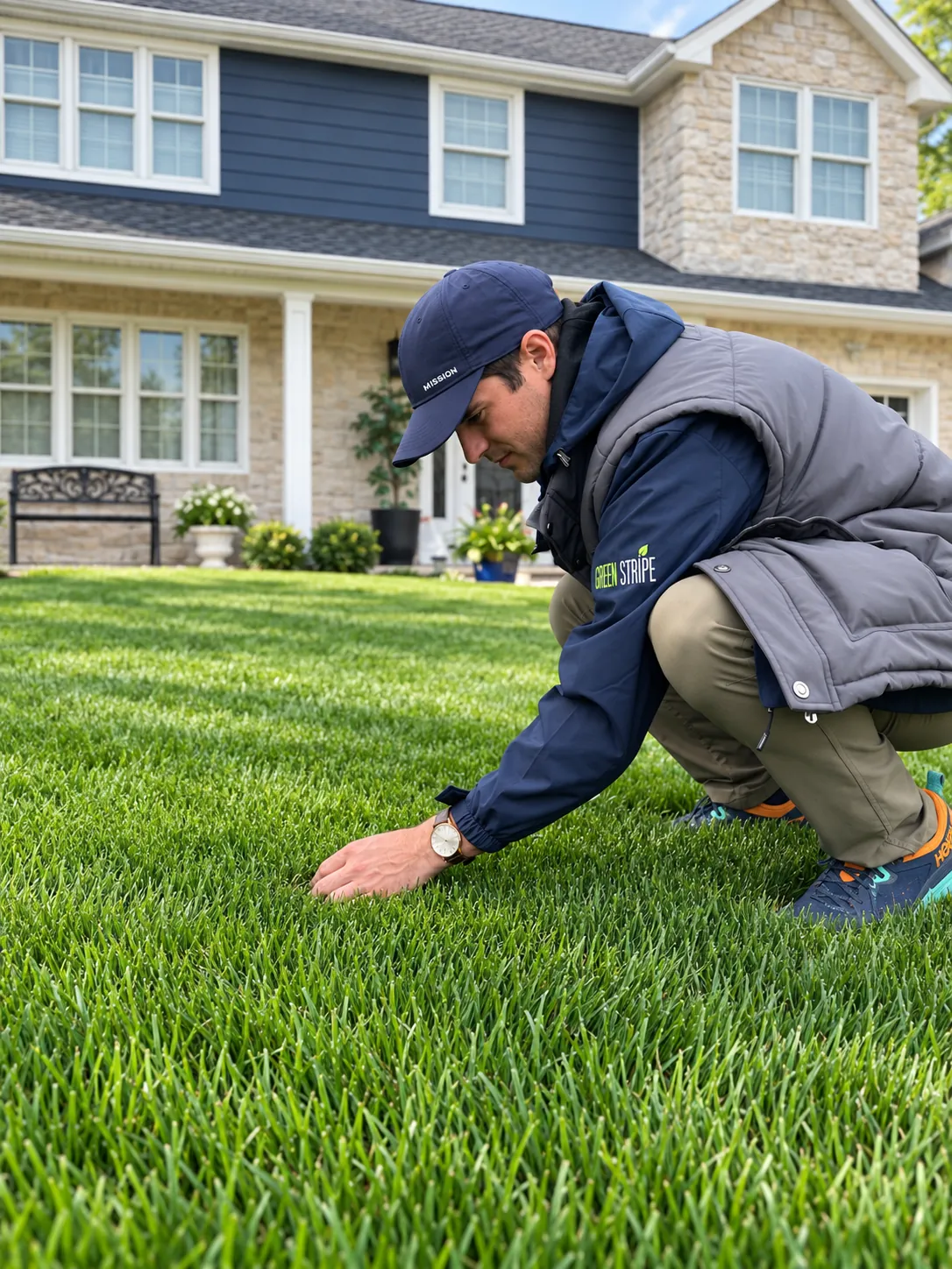GreenStripe superintendent kneeling to inspect turf in front of a New Jersey home