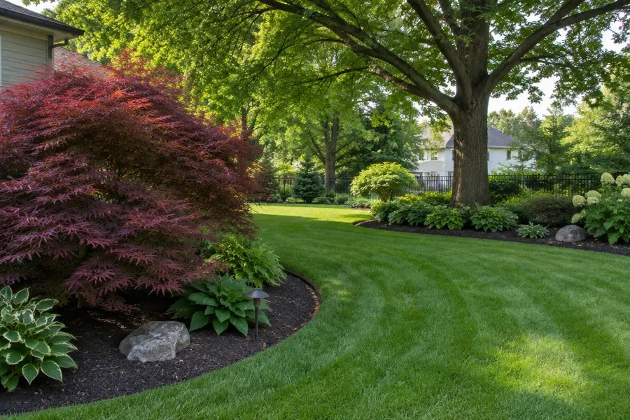 Striped lawn curving around landscape beds with a Japanese maple and a large shade tree in Springfield, NJ