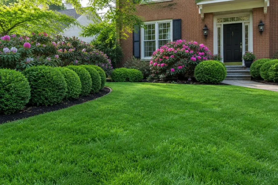 Dense established lawn framed by boxwoods and blooming rhododendrons at a brick home in Scotch Plains, NJ