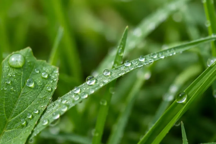 Dew droplets on green grass blades and a leaf