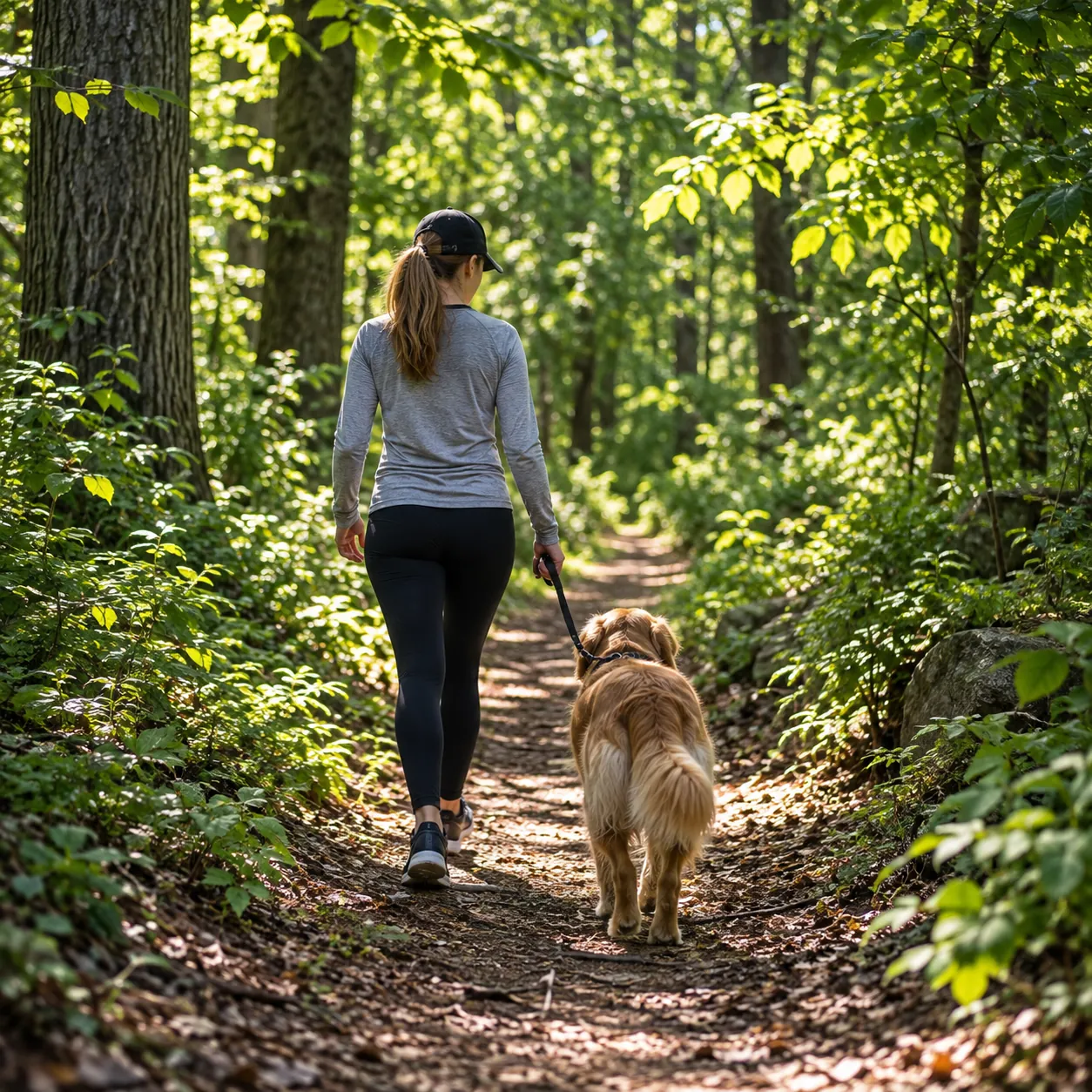 Person walking a dog on a wooded trail at the edge of a New Jersey backyard, a common tick habitat