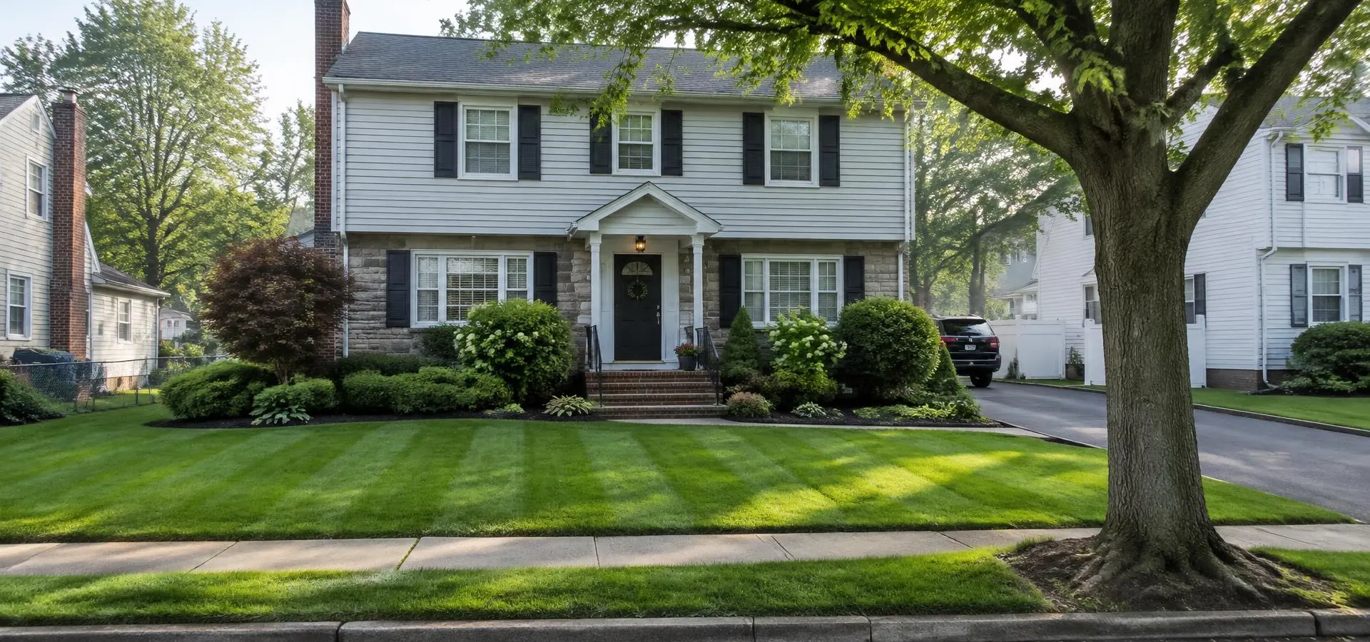 Two-story colonial home with a thick, freshly striped small front lawn beside the sidewalk and a mature street tree in Roselle Park, NJ