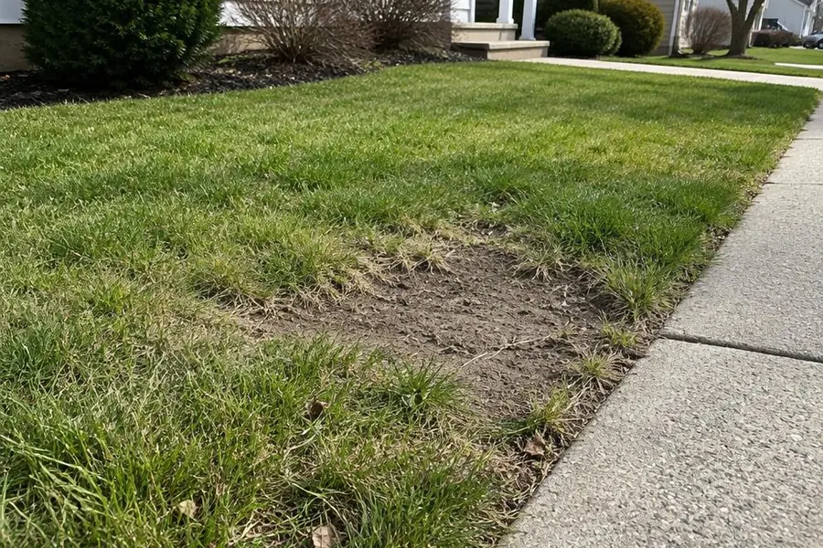 Thin, bare patch in a small front lawn next to a concrete sidewalk