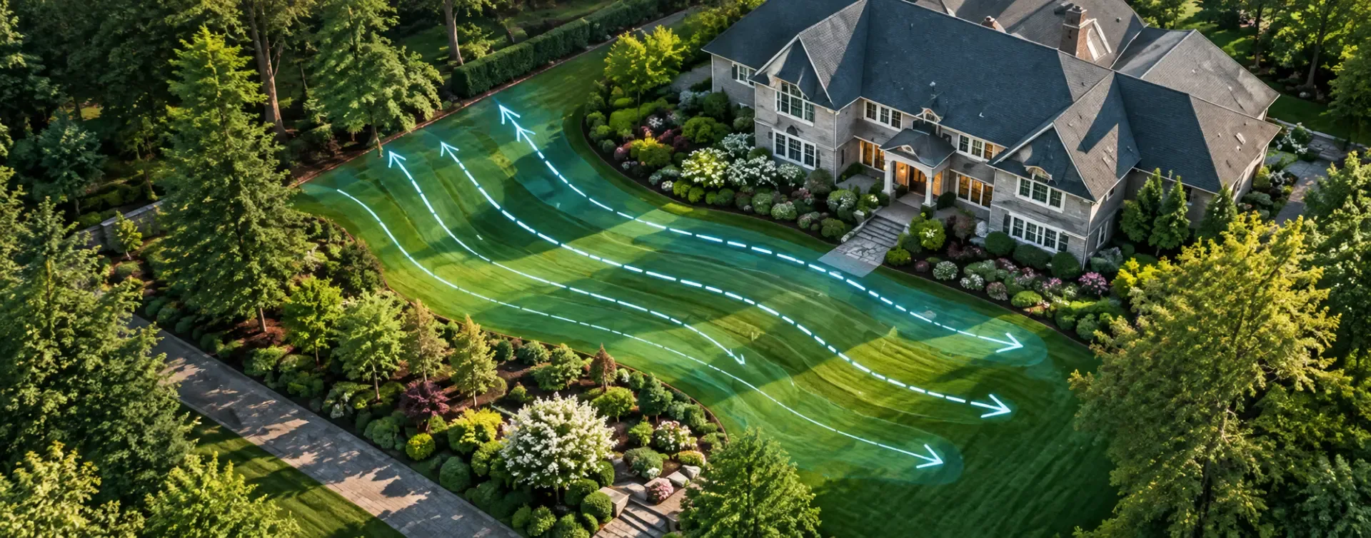 Aerial view of a large stone home and sloping front lawn in Summit, NJ with arrows showing how rainwater flows across the property