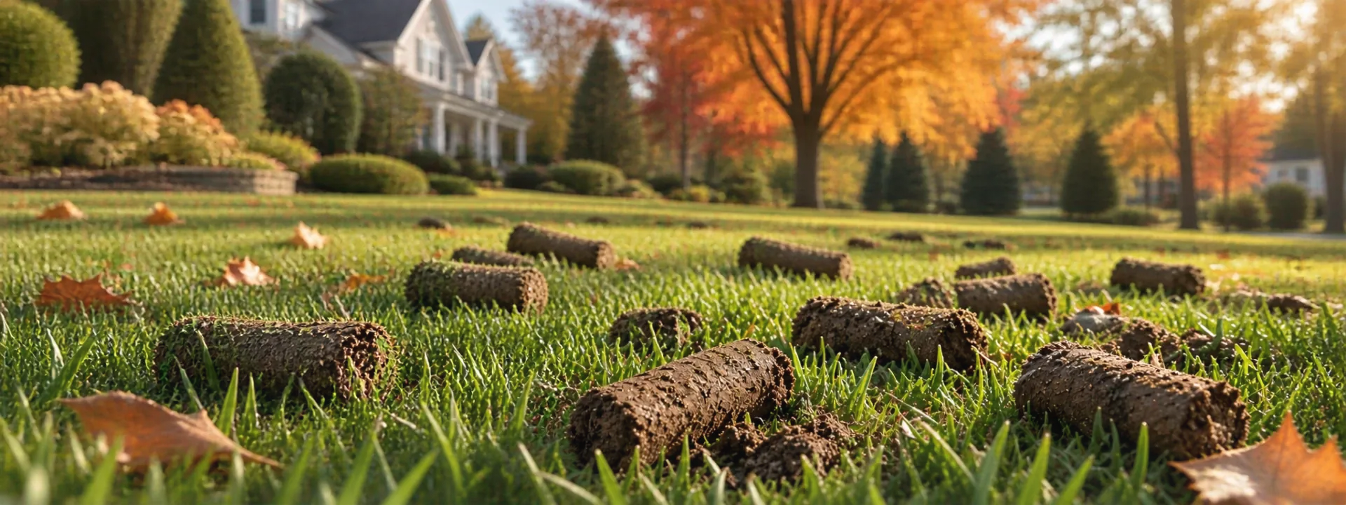 Freshly core-aerated residential lawn in Northern New Jersey with soil plugs scattered across the turf