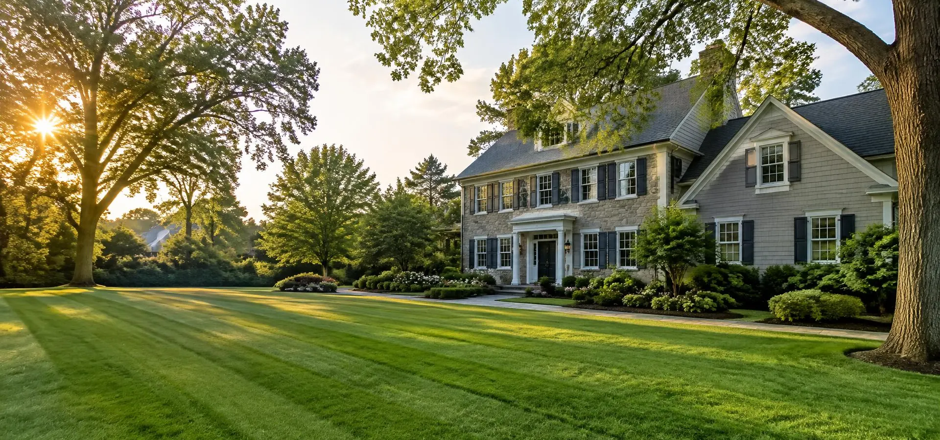 Stone-and-shingle colonial home with a thick, freshly striped front lawn and mature trees at sunset in New Providence, NJ