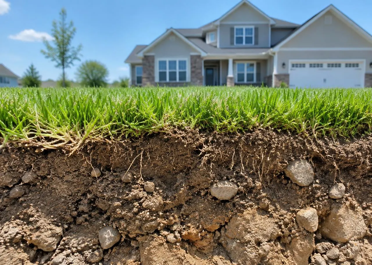 Cross-section of a new sod lawn with short, shallow roots over compacted, rocky construction soil in front of a newly built home