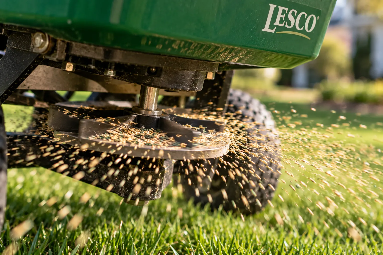 Commercial broadcast spreader applying grass seed to a lawn