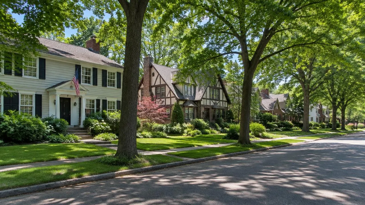 Tree-lined residential street with colonial and Tudor homes and green front lawns in New Providence, NJ