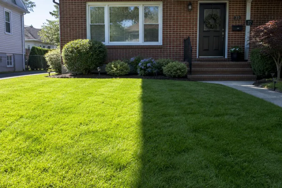 Front lawn at a brick home split sharply between sun and house shade in Springfield, NJ