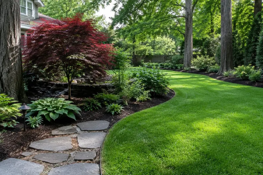 Backyard lawn curving past a stone path, hostas, a red Japanese maple and tall shade trees in Chatham, NJ