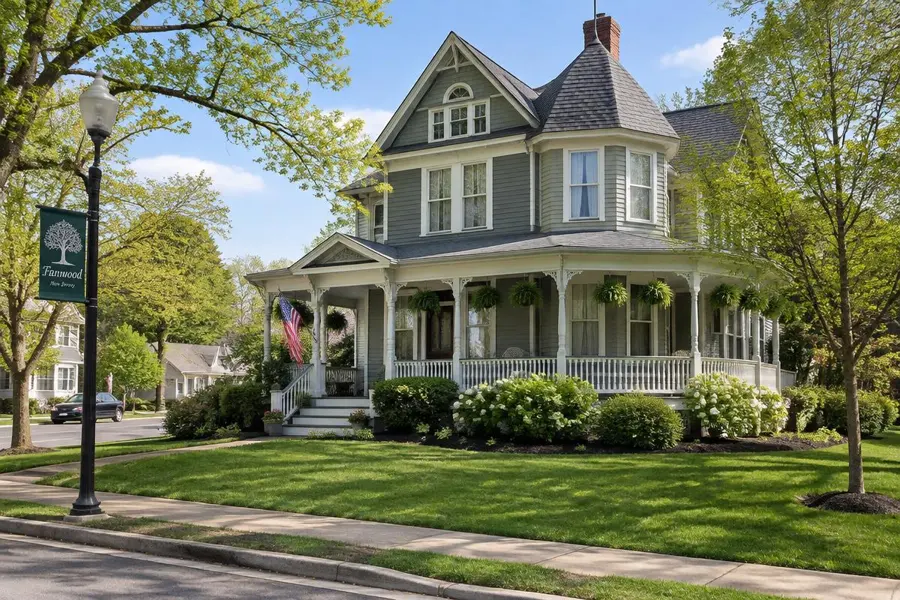 Victorian home with a wraparound porch and a green front lawn on a residential street in Fanwood, NJ