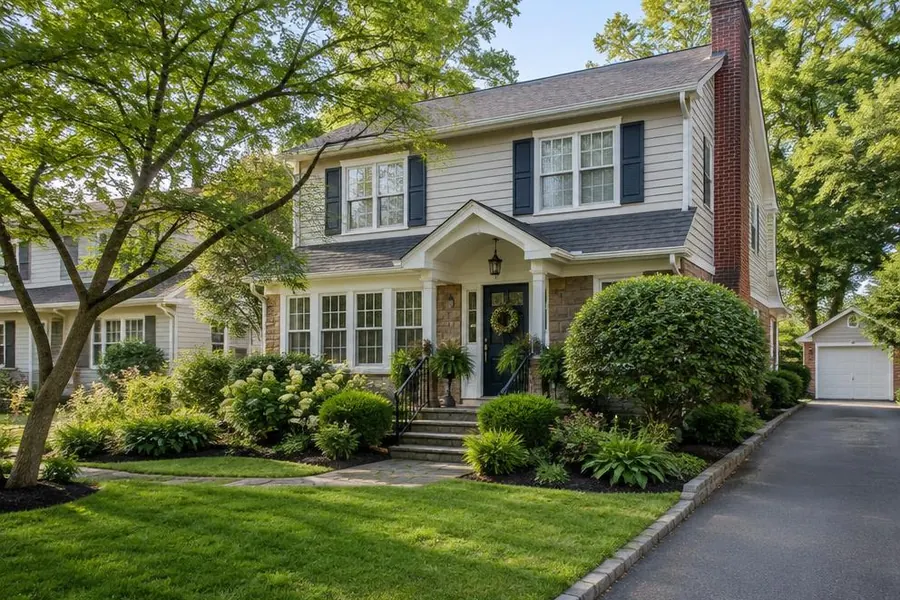 Established colonial home with mature landscaping and a well-kept small lawn in Roselle Park, NJ