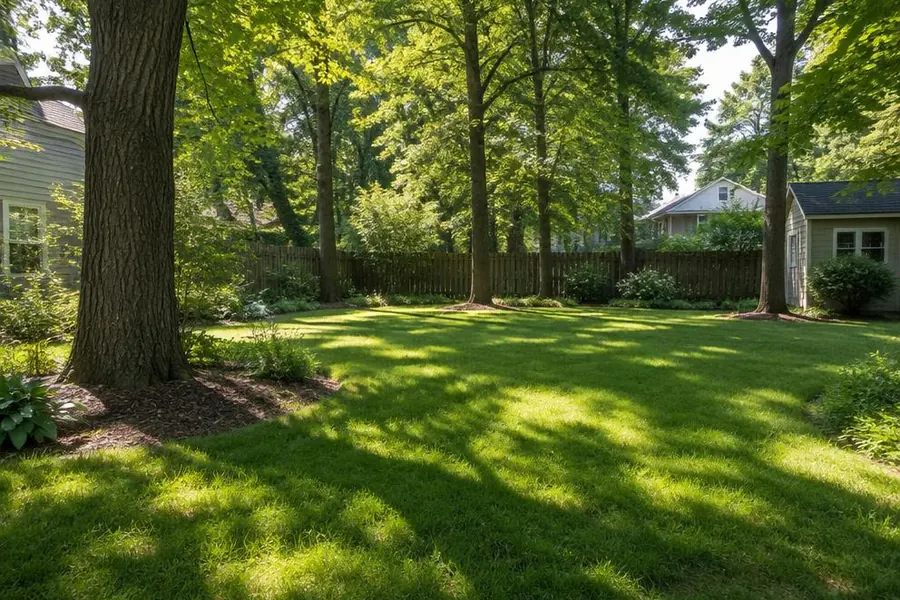 Sunlight filtering through mature trees onto a sun-and-shade backyard lawn in New Providence, NJ