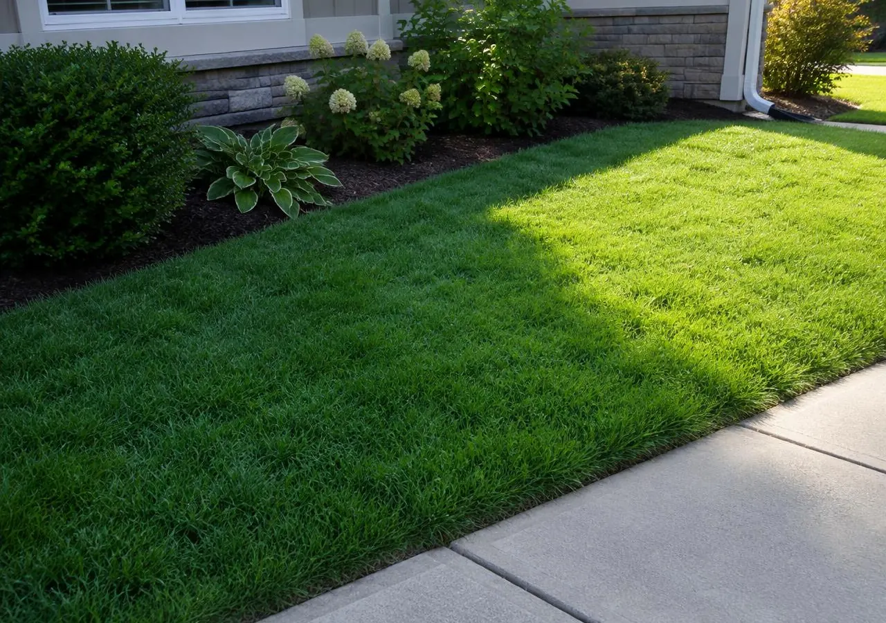 Small, dense front lawn split between afternoon sun and house shade beside a concrete sidewalk in Roselle Park, NJ