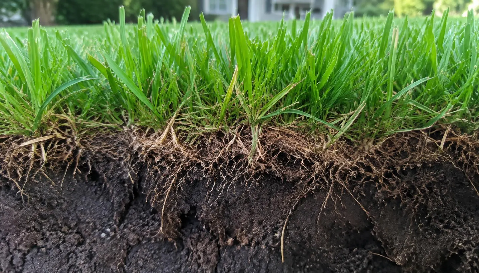 Cut edge of a lawn showing dense green turf, the root zone and dark soil underneath