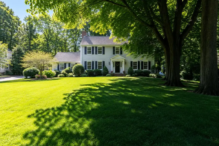Front lawn split between bright sun and deep shade from large trees in front of a colonial home in Chatham, NJ