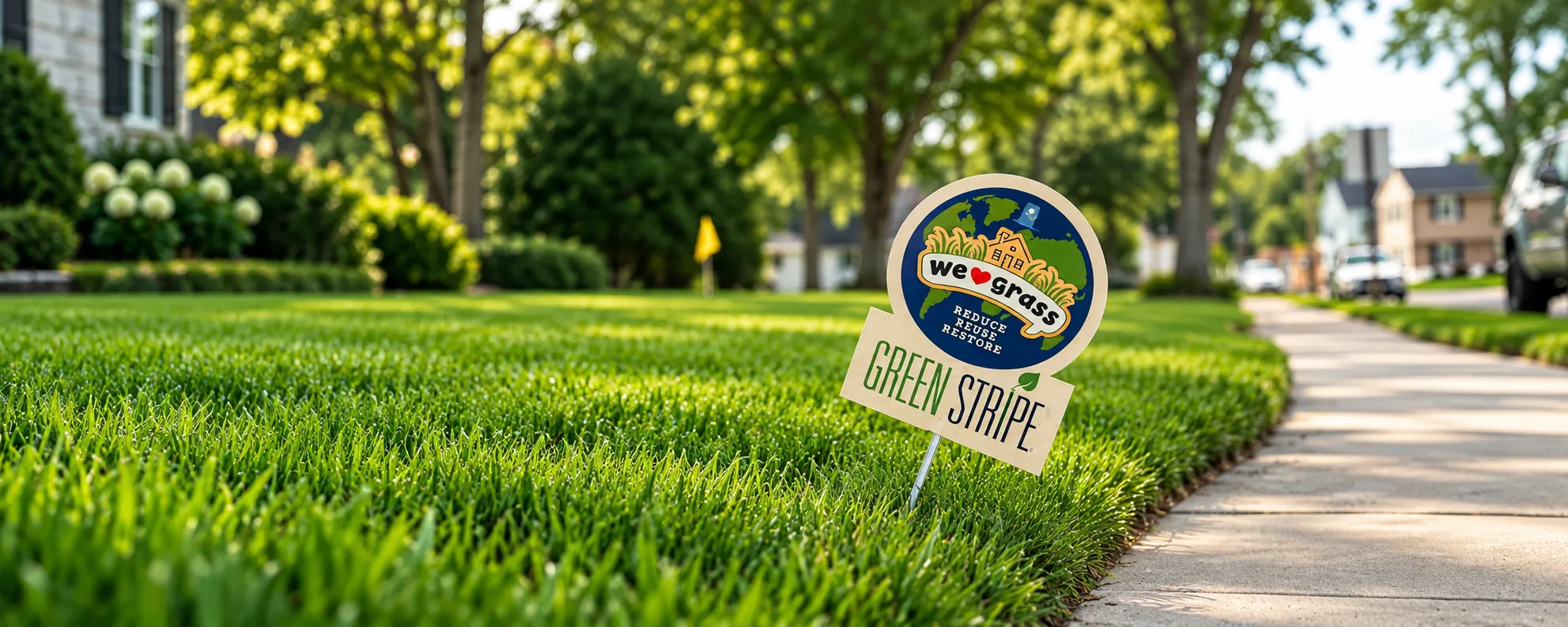 GreenStripe lawn sign standing in a lush striped front lawn on a tree-lined New Jersey street
