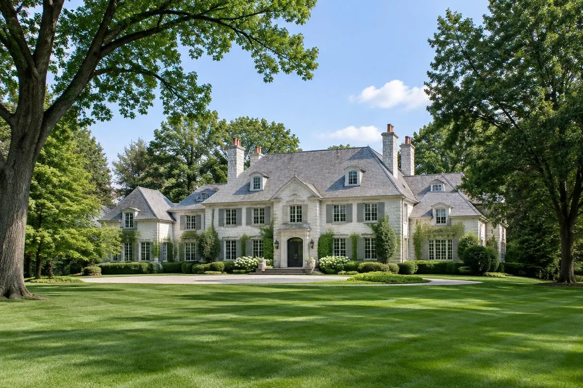 White stone manor home with a slate roof behind a wide, sweeping striped lawn framed by mature trees in Short Hills, NJ