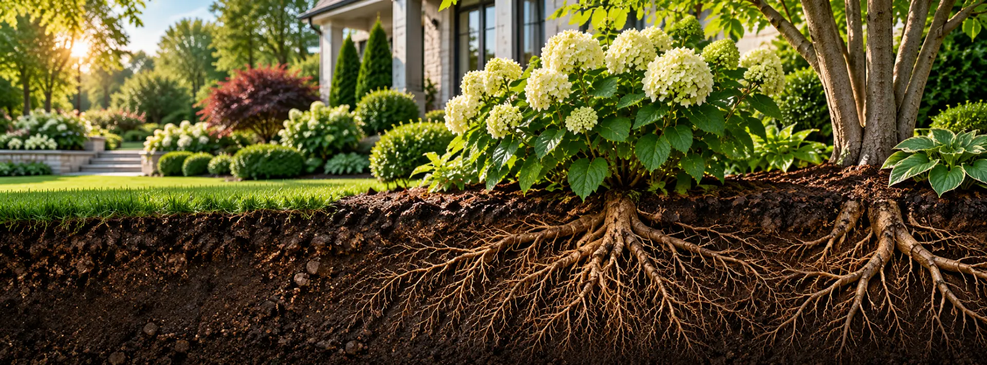 Cross-section view of hydrangea and tree roots spreading through soil beneath a Northern New Jersey landscape