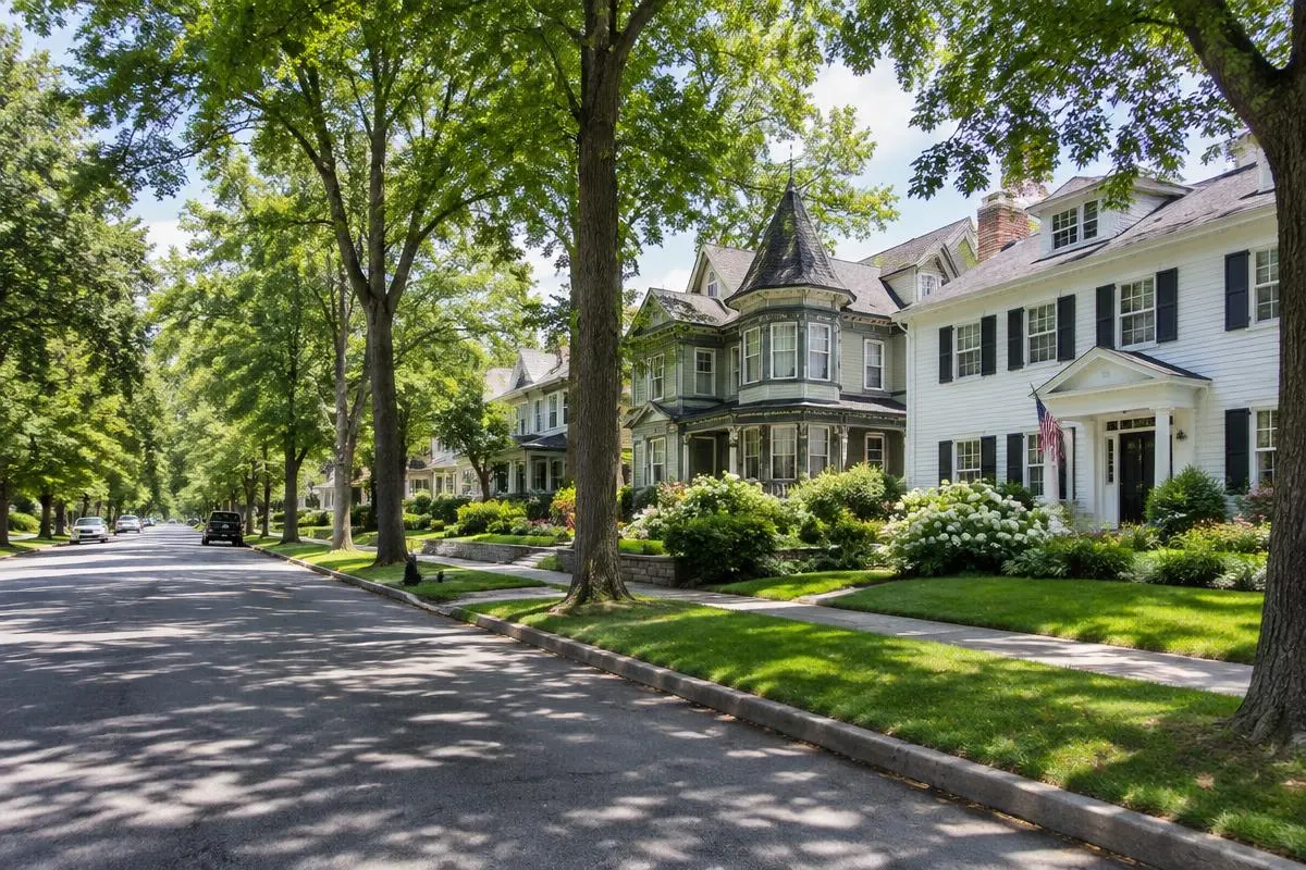 Tree-lined residential street in Chatham, NJ with established Victorian and colonial homes, hydrangeas and green front lawns