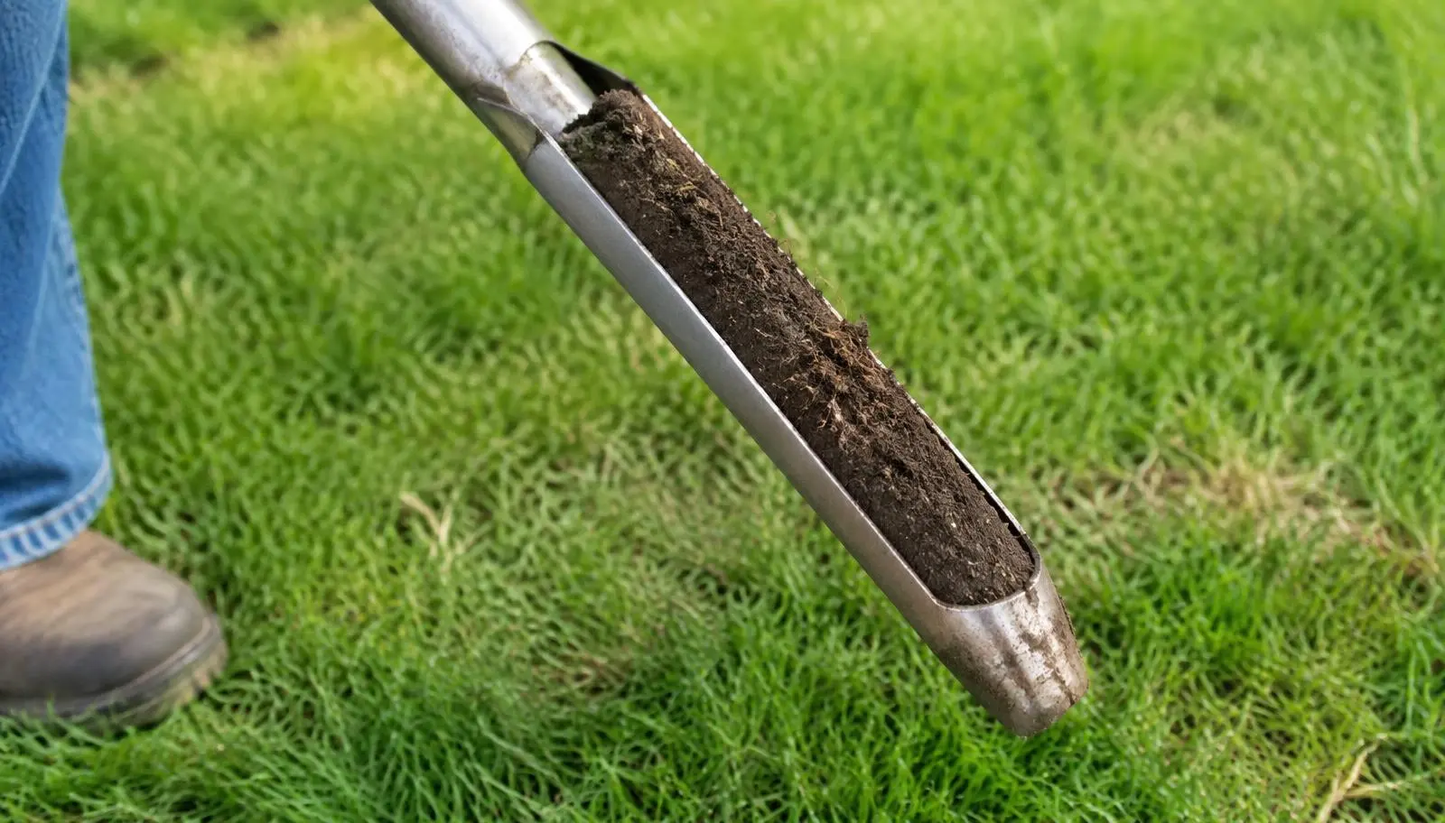 Steel soil probe holding a fresh soil core pulled from a healthy green lawn