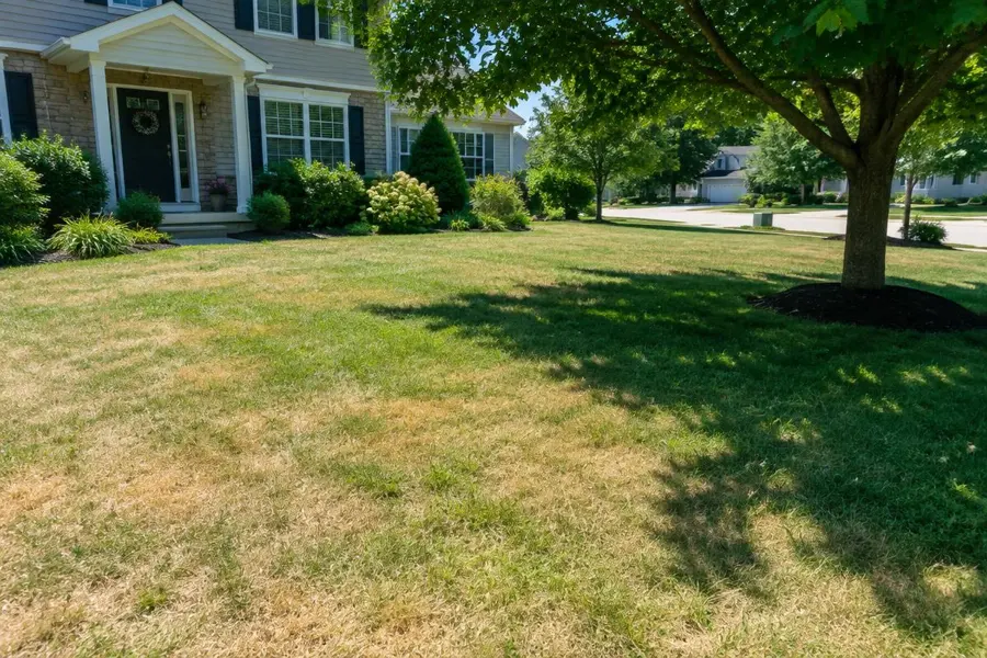 Front lawn with heat-stressed tan patches in the sun and greener grass under a shade tree in Clark, NJ