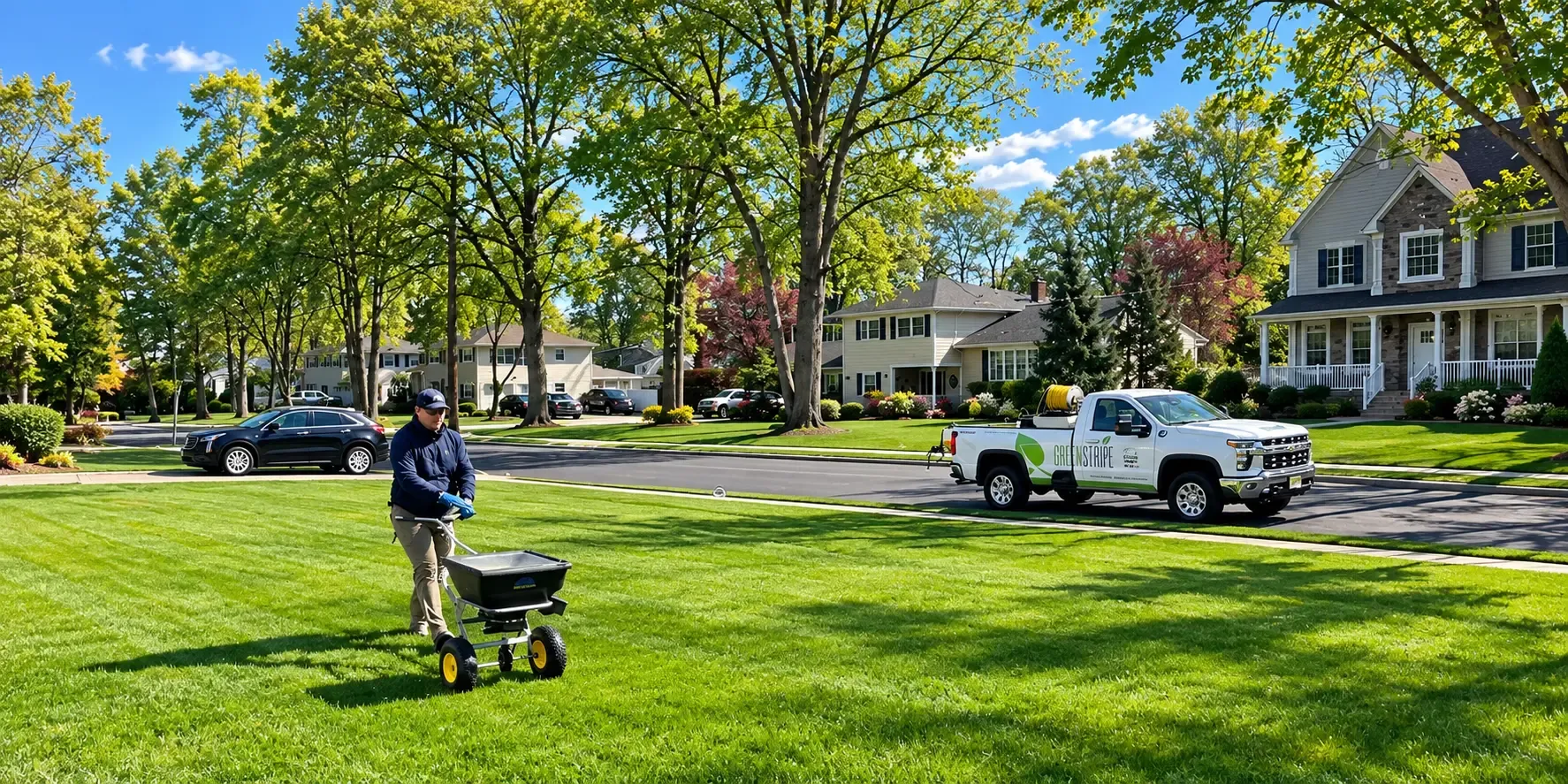GreenStripe technician spreading fertilizer on a striped front lawn in Clark, NJ with a branded truck parked on the street