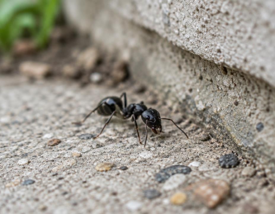 Macro photograph of a black ant on a concrete home foundation