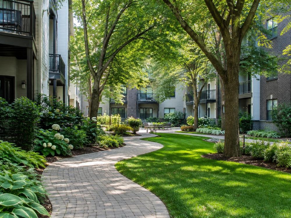 Apartment community courtyard with a curving paver walkway, mature shade trees, landscape beds and a green lawn