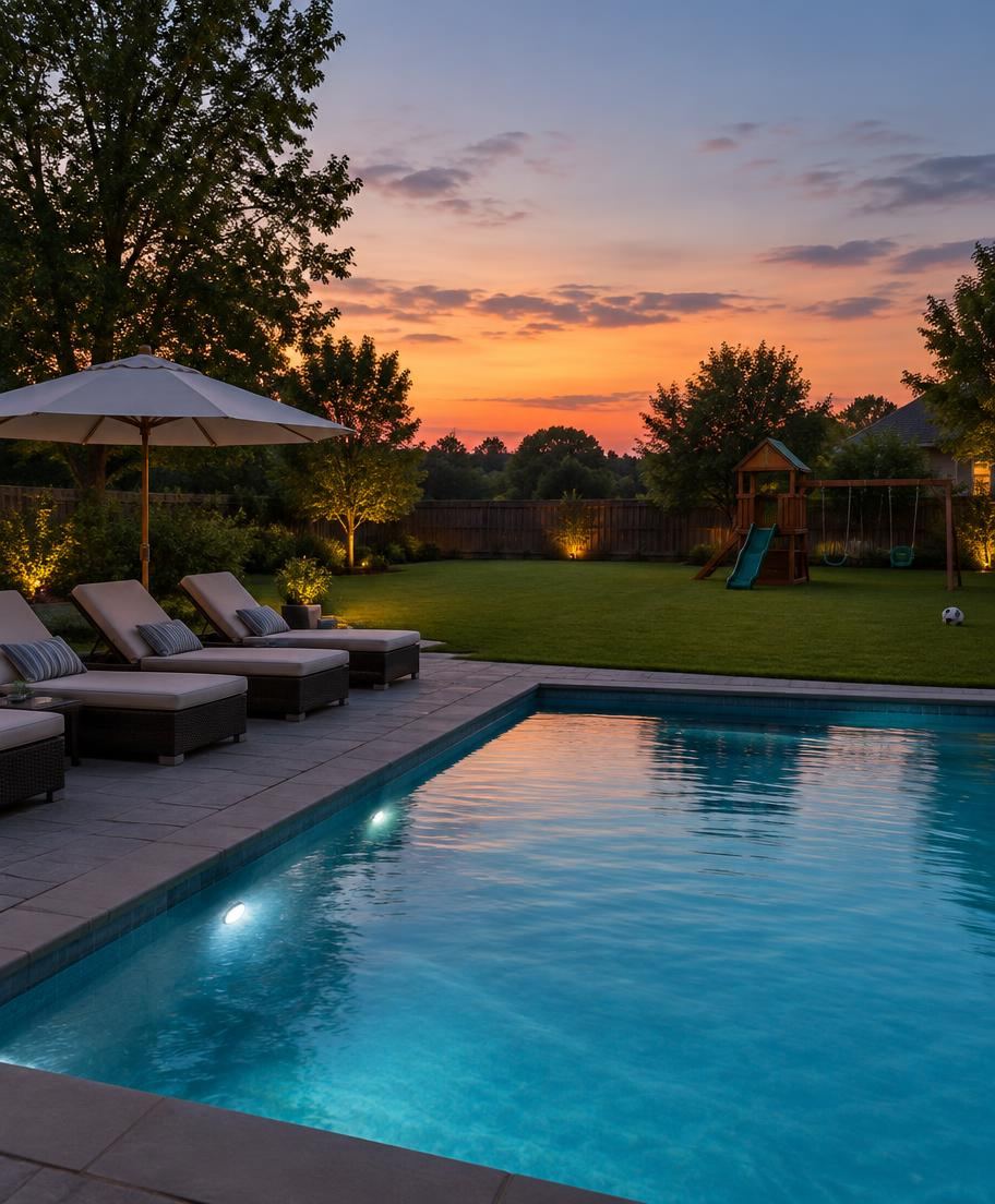 Backyard swimming pool with lounge chairs and an open lawn play area at dusk
