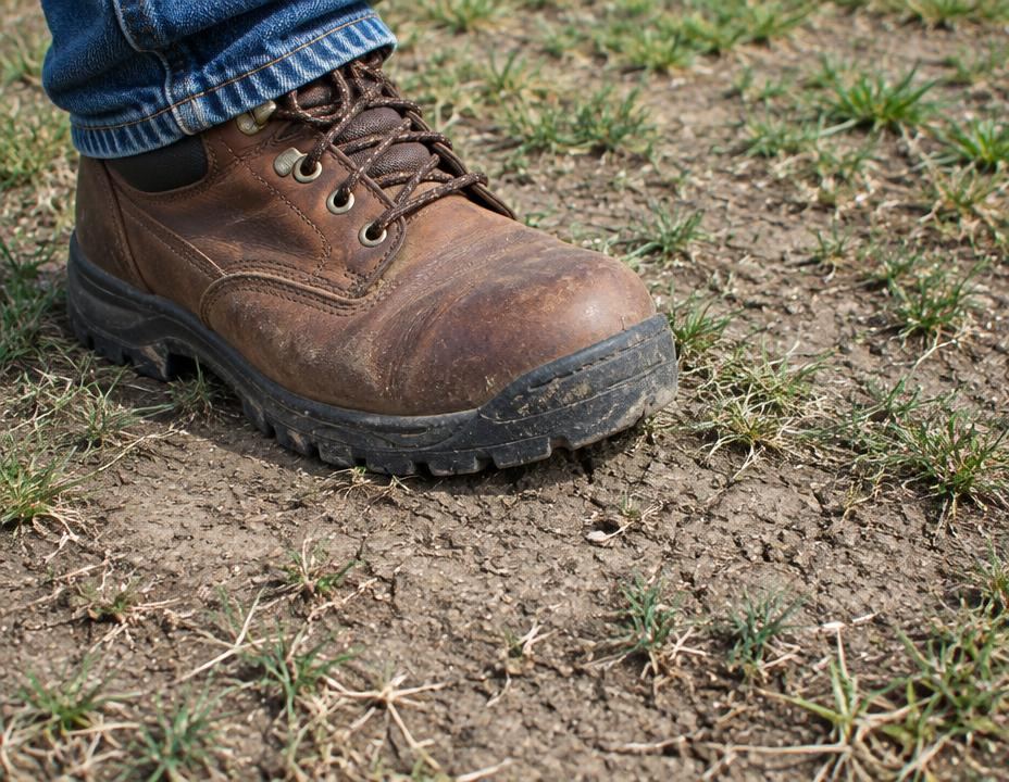 Work boot standing on hard compacted lawn soil with sparse grass