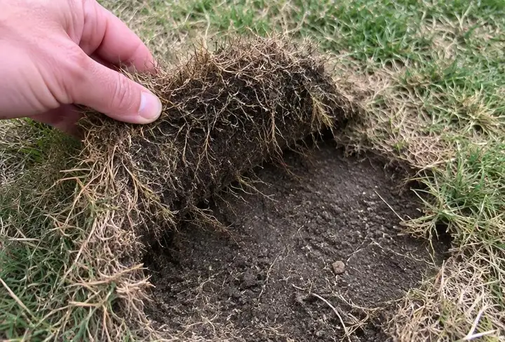 Hand peeling back a section of brown turf that lifts easily from the soil, exposing short, weak roots
