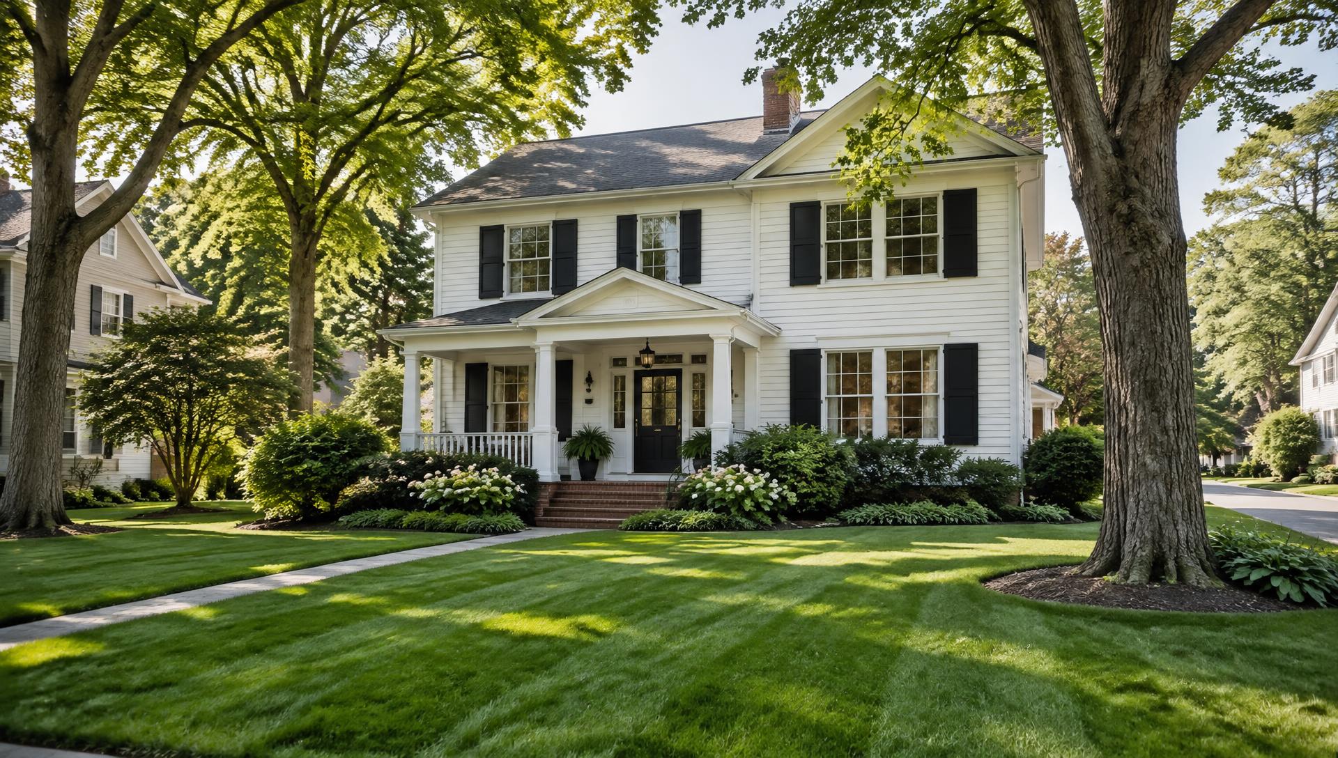 White colonial home with a porch and a thick striped front lawn under mature trees in Fanwood, NJ